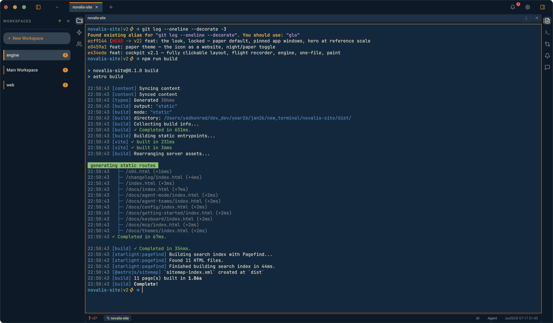 A full Novalis window: workspace rail with unread badges, a tab, and a pane showing the site's git log followed by the Astro build with a green route tree, eleven pages built.